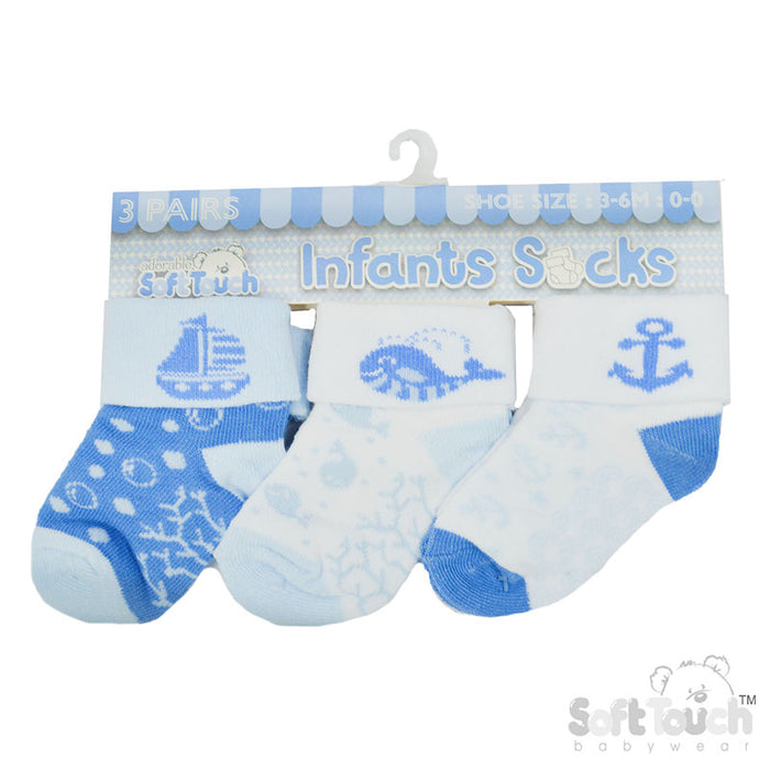 Boys 3pk Turnover Socks - Boats (NB-12) S503