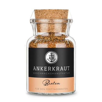 Bratengewürz von Ankerkraut im Korkenglas auf weißem Hintergrund.