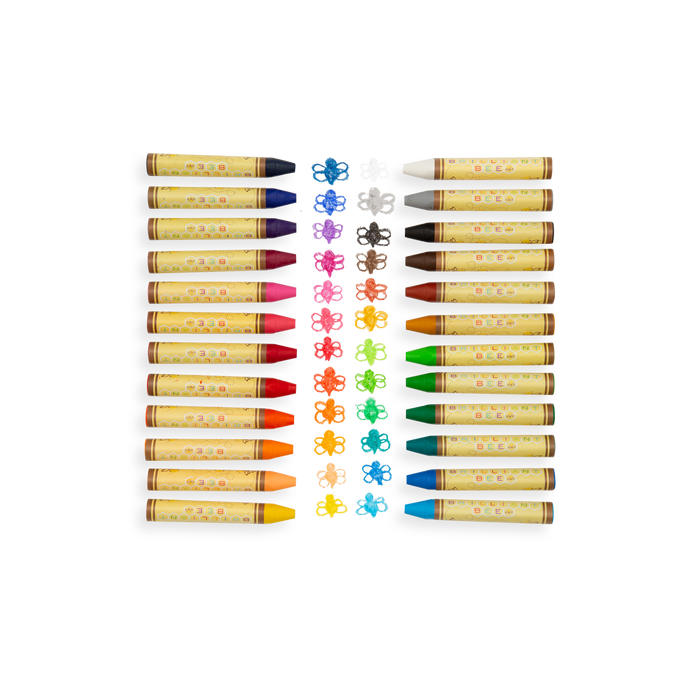 Brilliant Bee Crayons lined up with their color swatches