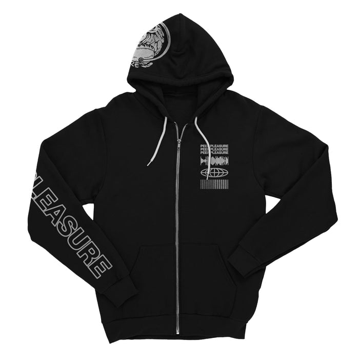 Front of black full zip hoodie. PLEASURE written vertically on one sleeve in white lettering. On the side of the hood , there is a skull drawn in white. On the top corner of the chest, there is a soundwave, globe, and barcode, and text that says PEERPLEASURE drawn in white.