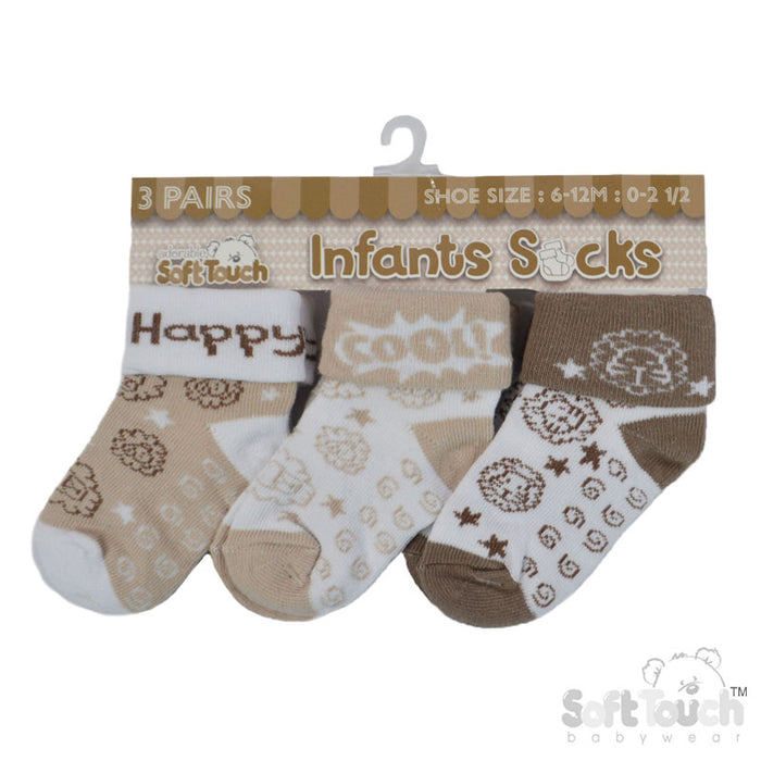 Brown 3pk Turnover Socks - Happy Lion (NB-12) S505