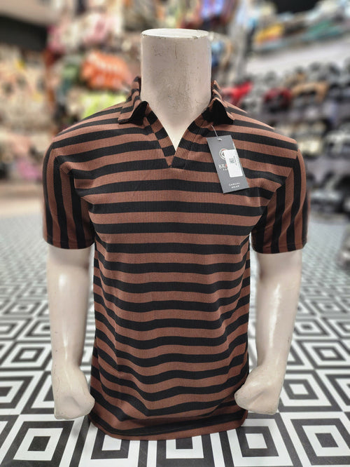 Brown Black Classic Striped Polo Shirt - Maha fashions -