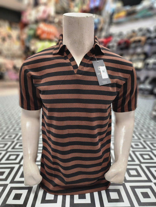 Brown Black Classic Striped Polo Shirt - Maha fashions -