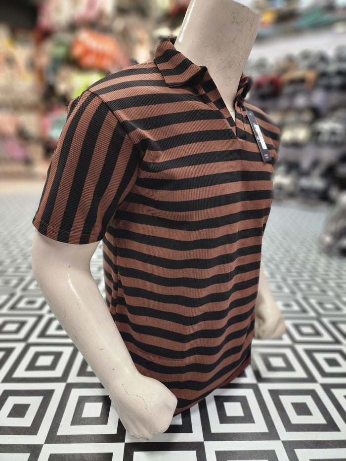 Brown Black Classic Striped Polo Shirt - Maha fashions -