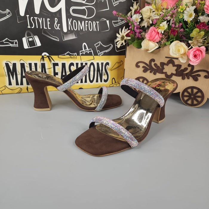 Brown Studs Strips Footwear in Heel - Maha fashions -  Women Footwear