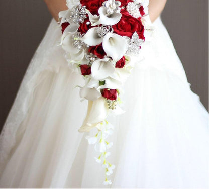 Cala Lily Waterfall Silk Wedding Bouquet Bride with Bridal Jewelry