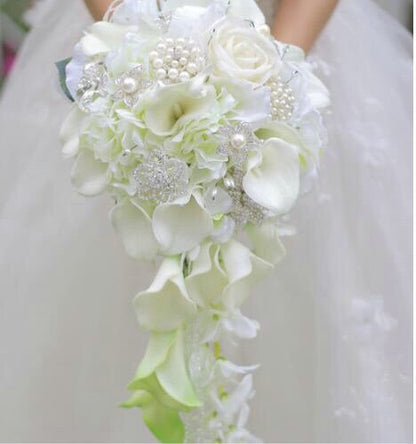 Cala Lily Waterfall Silk Wedding Bouquet Bride with Bridal Jewelry