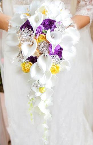 Cala Lily Waterfall Silk Wedding Bouquet Bride with Bridal Jewelry