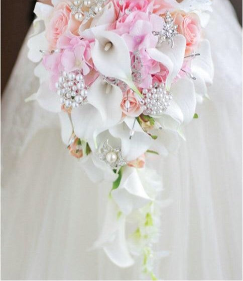 Cala Lily Waterfall Silk Wedding Bouquet Bride with Bridal Jewelry