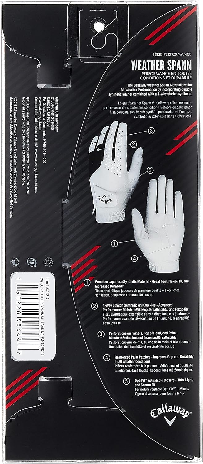 Callaway Golf Weather Spann Glove Left Hand Cadet Short Fingers 2019 MediumLarge White 2pack