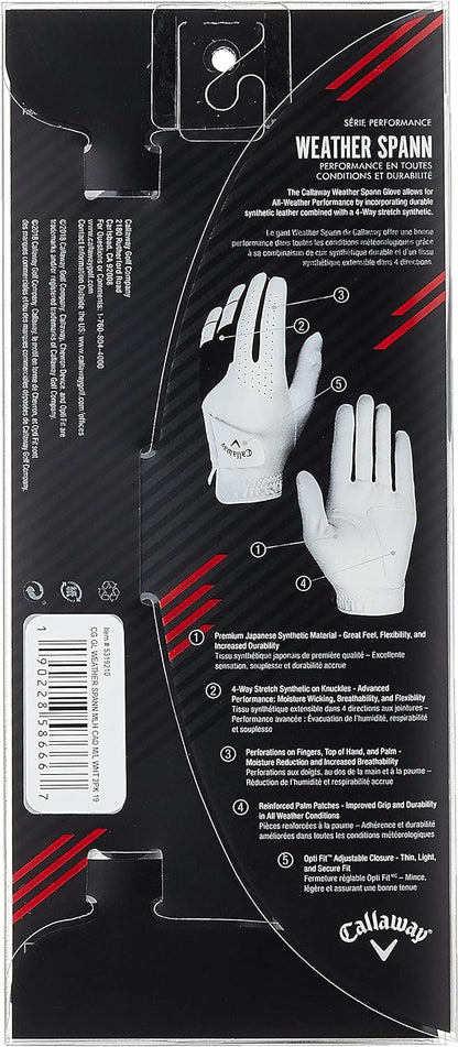 Callaway Golf Weather Spann Glove Left Hand Cadet Short Fingers 2019 MediumLarge White 2pack