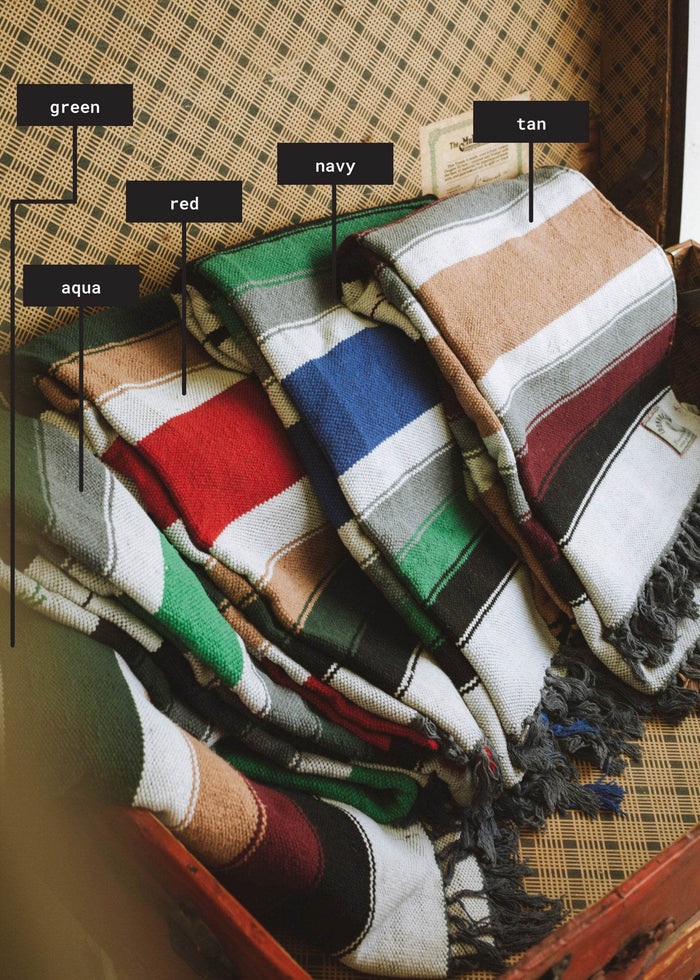 Folded striped blankets in a suitcase, labeled with colors: green, red, navy, tan, aqua. Textured background enhances warmth.