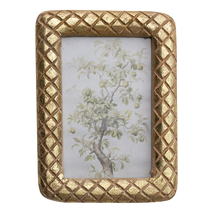 Carved Mango Wood Photo Frame w/ Diamond Pattern, Gold Foil Finish 4x6