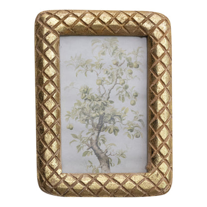 Carved Mango Wood Photo Frame w/ Diamond Pattern, Gold Foil Finish 4x6