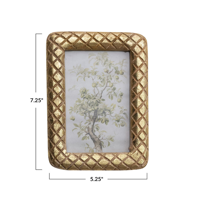 Carved Mango Wood Photo Frame w/ Diamond Pattern, Gold Foil Finish 4x6