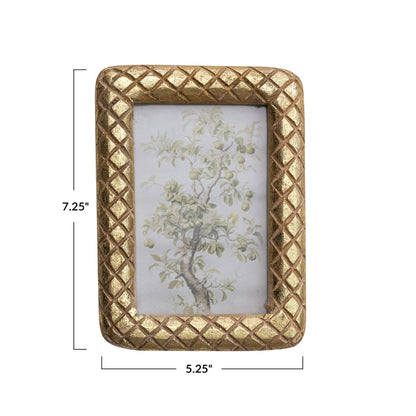 Carved Mango Wood Photo Frame w/ Diamond Pattern, Gold Foil Finish 4x6