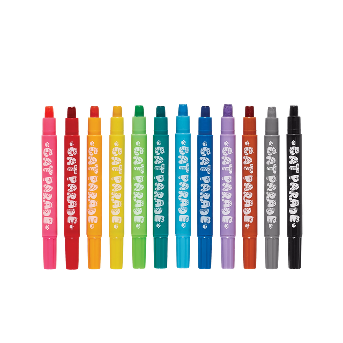 Row of uncapped OOLY Cat Parade Gel Crayons