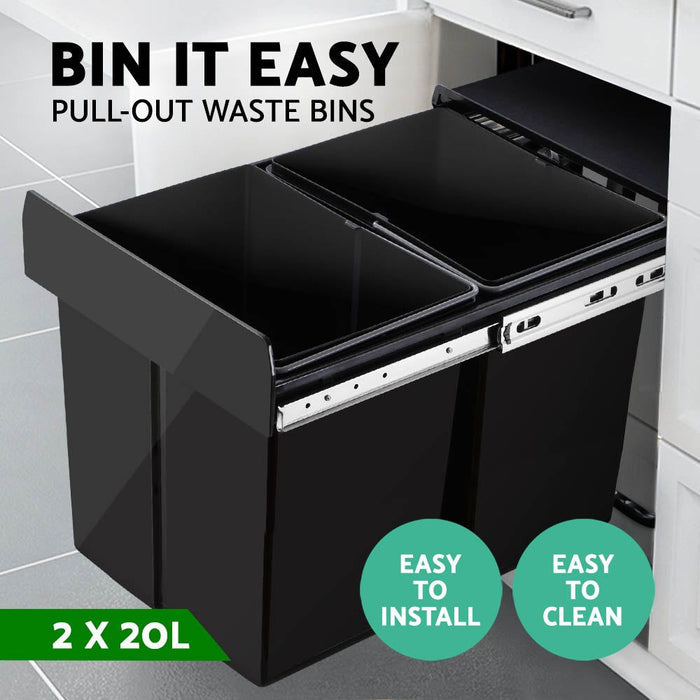 Cefito 2x20L Pull Out Bin - Black -Home Living Store - -