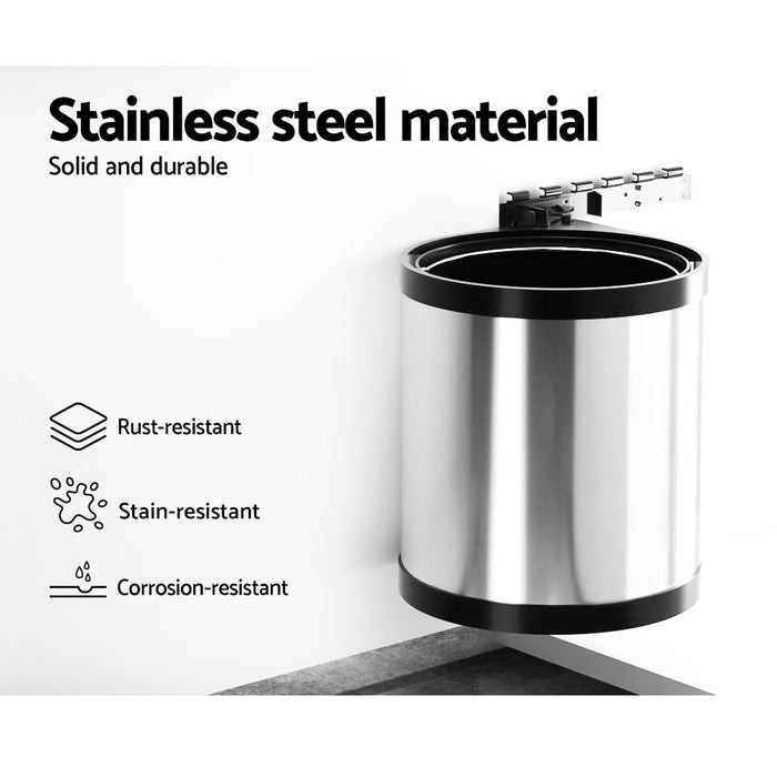 Cefito Kitchen Swing Out Pull Out Bin Stainless Steel Garbage Rubbish Can 12L -Home Living Store - -
