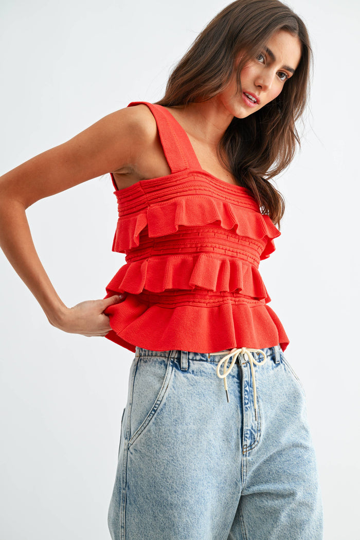 Celebrate Good Times Red Ruffle Sleeveless Knit Top