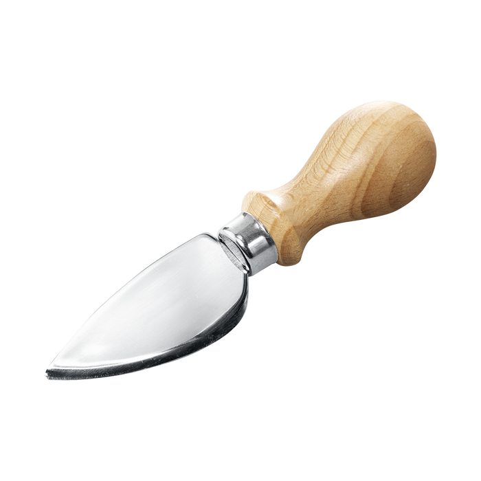 A handmade cheese knife with a beech wood handle and a silver-colored blade.