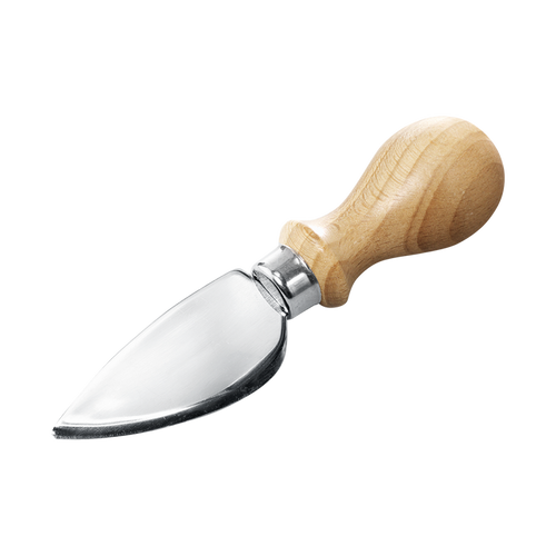 A handmade cheese knife with a beech wood handle and a silver-colored blade.