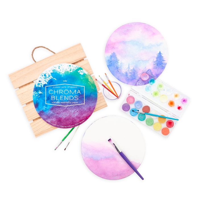 Chroma Blends Circular Watercolor Paper with watercolor tools including paint brushes and paint set