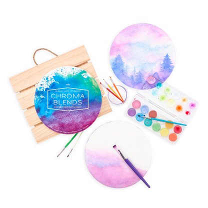 Chroma Blends Circular Watercolor Paper with watercolor tools including paint brushes and paint set
