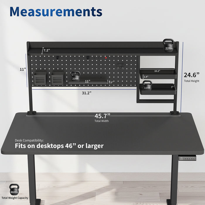 Black desk with a Clamp-on Multi-Purpose Pegboard Organizer measurements on a white background