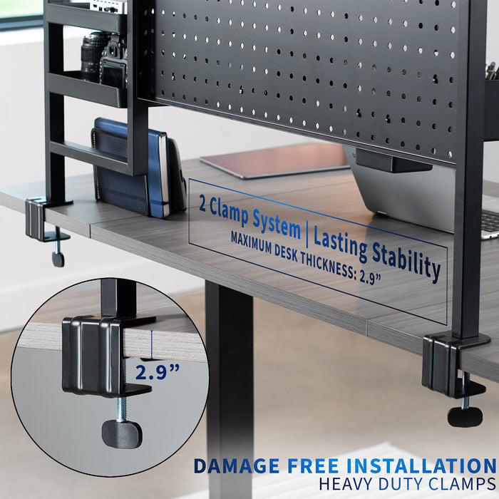 Multi-Purpose Pegboard Organizer clamp system and stability information, showing a close-up of the clamps.