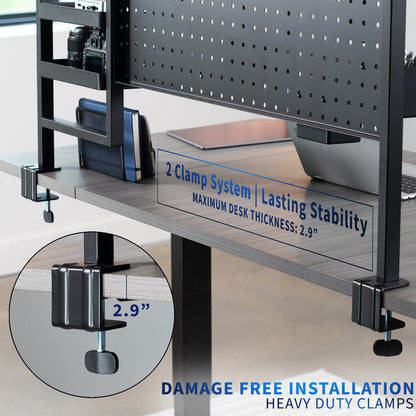 Multi-Purpose Pegboard Organizer clamp system and stability information, showing a close-up of the clamps.