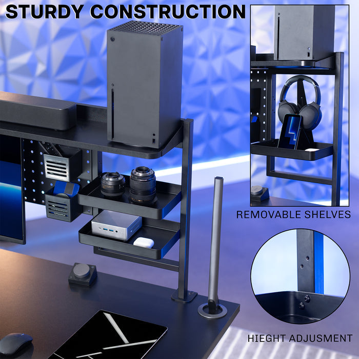 Desk setup with computer components and a monitor, featuring a stand with removable shelves and height adjustment.
