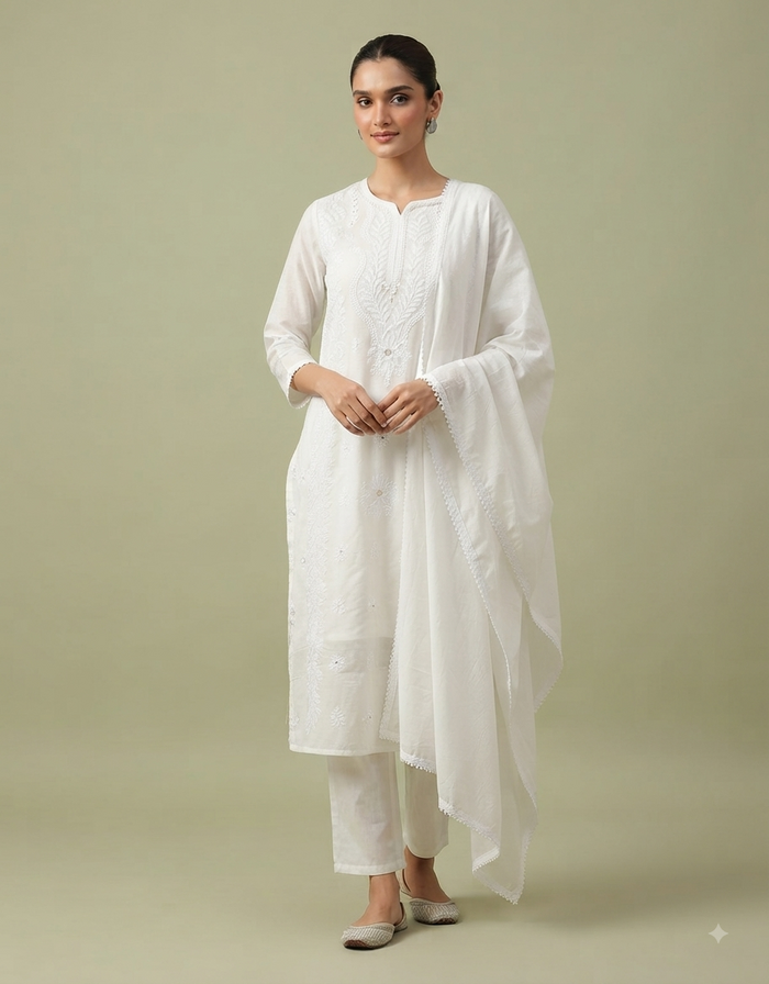 A full-body studio portrait of a South Asian female model with her hair tied back in a neat bun, wearing a timeless white cotton Chikankari kurta suit set. The ensemble includes a long, straight-cut kurta with subtle tonal embroidery, matching white straight pants, and a soft white dupatta with delicate lace trim. She is posed in a graceful three-quarter profile against a solid, soft sage-green background, looking gently towards the camera with a soft smile. Her right hand is raised delicately near her ches