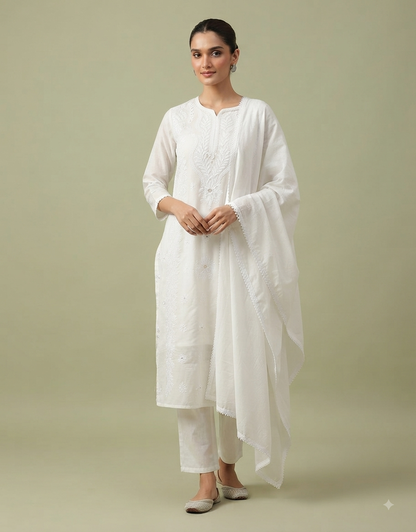 A full-body studio portrait of a South Asian female model with her hair tied back in a neat bun, wearing a timeless white cotton Chikankari kurta suit set. The ensemble includes a long, straight-cut kurta with subtle tonal embroidery, matching white straight pants, and a soft white dupatta with delicate lace trim. She is posed in a graceful three-quarter profile against a solid, soft sage-green background, looking gently towards the camera with a soft smile. Her right hand is raised delicately near her ches