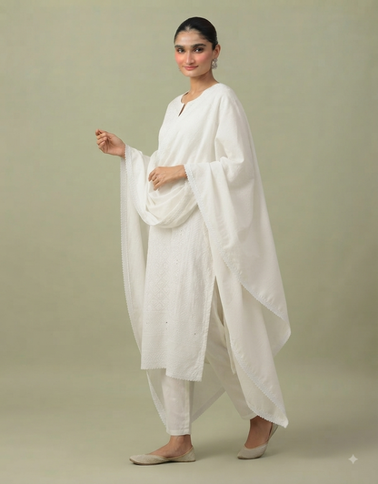 A full-body studio portrait of a South Asian female model with her hair tied back in a neat bun, wearing a timeless white cotton Chikankari kurta suit set. The ensemble includes a long, straight-cut kurta with subtle tonal embroidery, matching white straight pants, and a soft white dupatta with delicate lace trim. She is posed in a graceful three-quarter profile against a solid, soft sage-green background, looking gently towards the camera with a soft smile. Her right hand is raised delicately near her ches