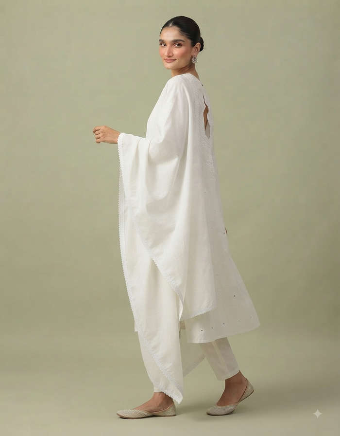 A full-body studio portrait of a South Asian female model with her hair tied back in a neat bun, wearing a timeless white cotton Chikankari kurta suit set. The ensemble includes a long, straight-cut kurta with subtle tonal embroidery, matching white straight pants, and a soft white dupatta with delicate lace trim. She is posed in a graceful three-quarter profile against a solid, soft sage-green background, looking gently towards the camera with a soft smile. Her right hand is raised delicately near her ches