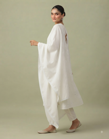 A full-body studio portrait of a South Asian female model with her hair tied back in a neat bun, wearing a timeless white cotton Chikankari kurta suit set. The ensemble includes a long, straight-cut kurta with subtle tonal embroidery, matching white straight pants, and a soft white dupatta with delicate lace trim. She is posed in a graceful three-quarter profile against a solid, soft sage-green background, looking gently towards the camera with a soft smile. Her right hand is raised delicately near her ches