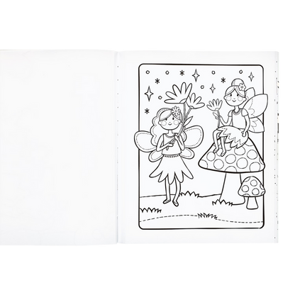 Uncolored fairies sitting on mushrooms from the OOLY Princesses and Fairies Coloring Book