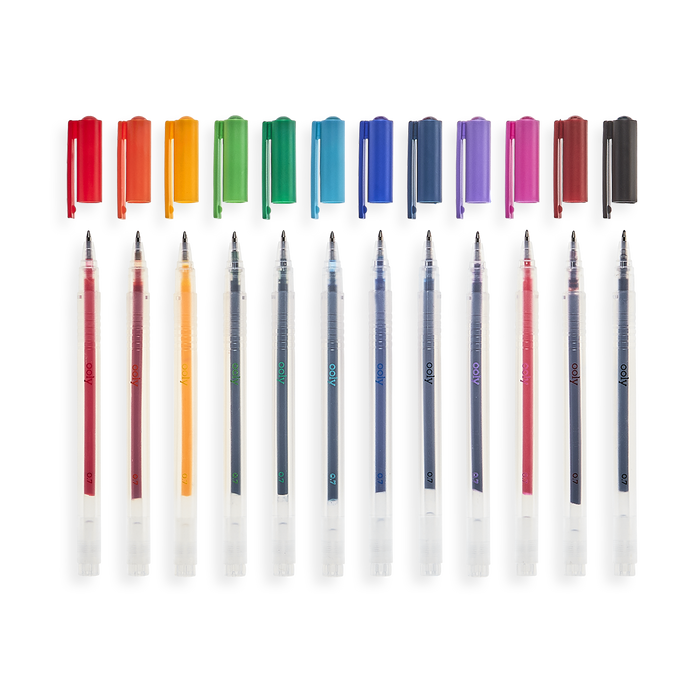 Color Luxe Gel Pens lined up with caps off showing fine tips