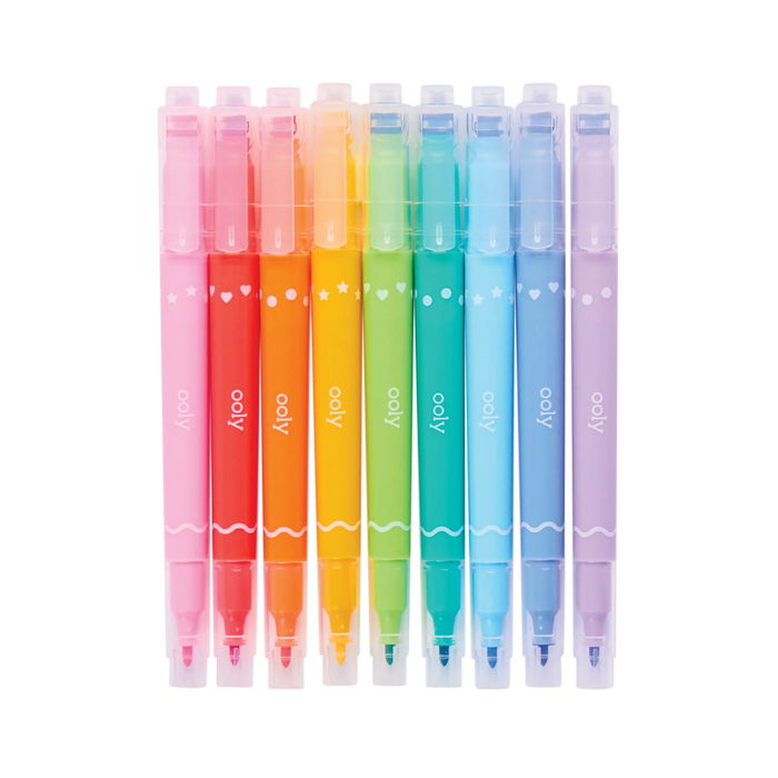Row of capped OOLY Confetti Stamp Double-Ended Markers