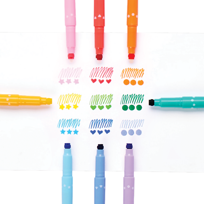Colored swatches of scribbles and stamps from OOLY Confetti Stamp Double-Ended Markers