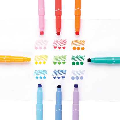 Colored swatches of scribbles and stamps from OOLY Confetti Stamp Double-Ended Markers