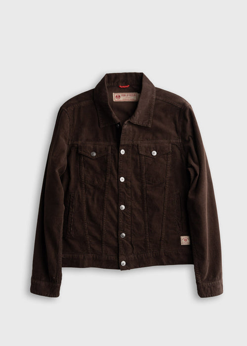 Dark brown corduroy jacket with silver buttons, two chest pockets, and a collar, displayed on a plain white background.