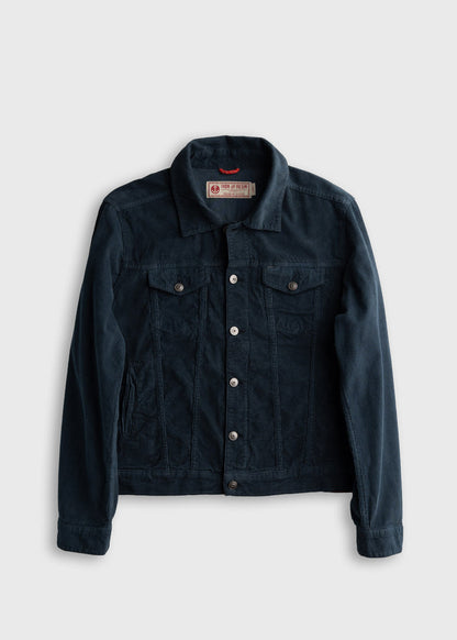 Dark blue denim jacket with button closure and chest pockets, displayed on a plain background.