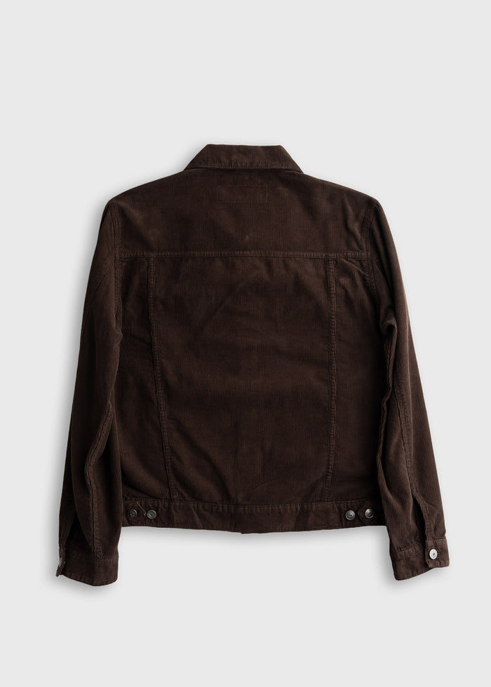 Brown corduroy jacket shown from the back, featuring button details and a classic collar, set against a plain background.