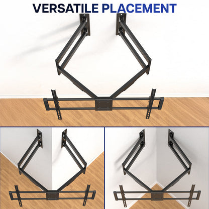Corner TV wall mount shown in various positions on a white wall, text saying 'Versatile Placement'.