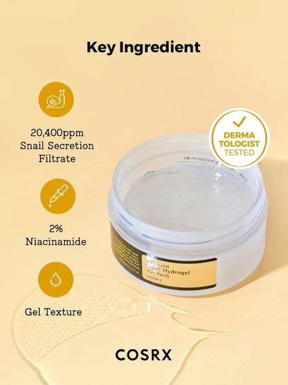 Cosrx gel texture product with key ingredient details on a beige background