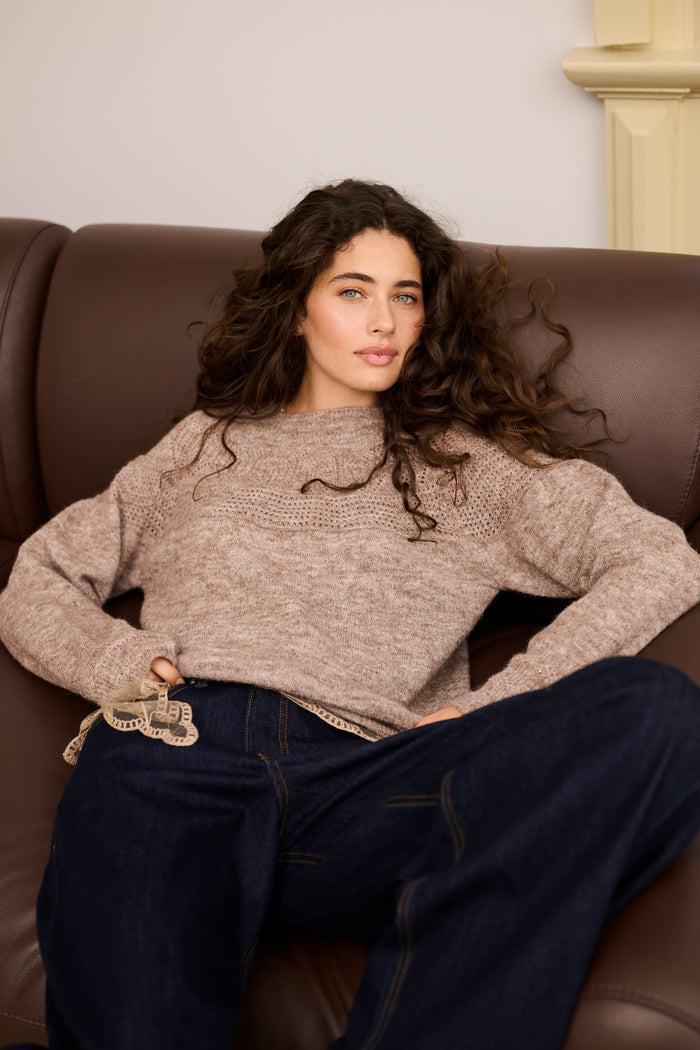 Cream 10615297 CRJunah Pointelle Jumper Dark Oat Melange on model. Shop Cream at Dotique.