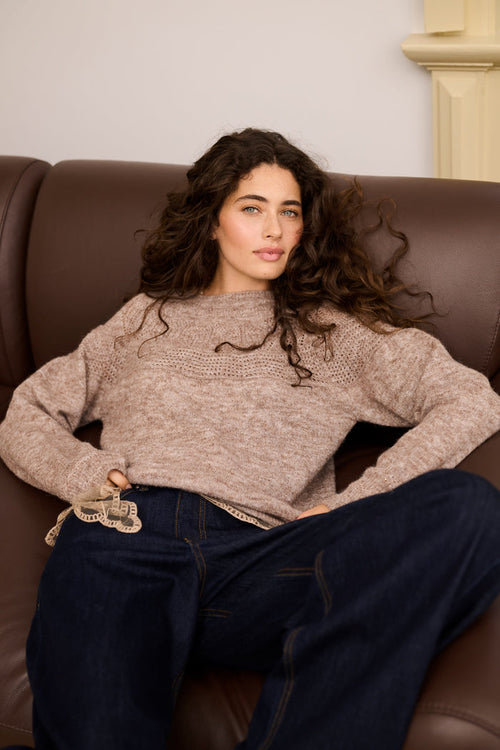 Cream 10615297 CRJunah Pointelle Jumper Dark Oat Melange on model. Shop Cream at Dotique.