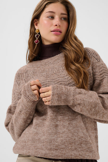 Cream 10615297 CRJunah Pointelle Jumper Dark Oat Melange on model Shop Cream at Dotique